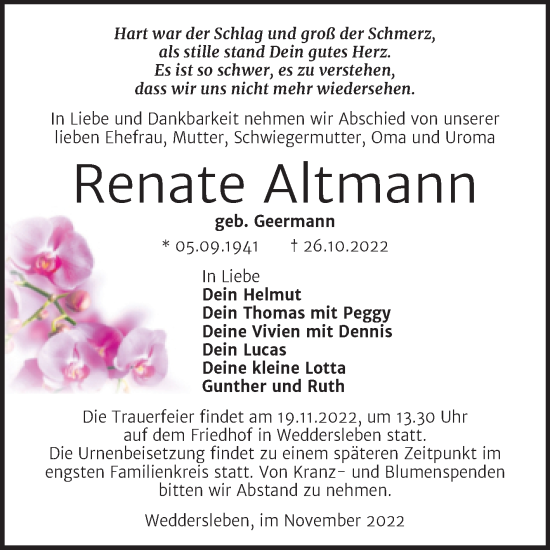Traueranzeige von Renate Altmann von Trauerkombi Quedlinburg