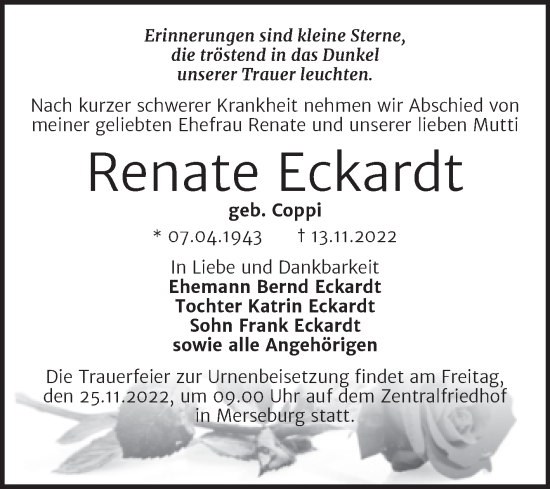 Traueranzeige von Renate Eckardt von Trauerkombi Merseburg