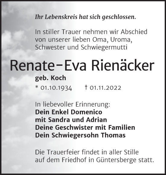 Traueranzeige von Renate-Eva Rienäcker von Trauerkombi Quedlinburg
