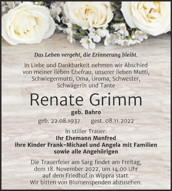 Traueranzeige von Renate Grimm von Trauerkombi Mansfelder Land