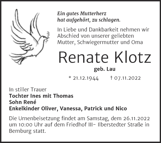 Traueranzeige von Renate Klotz von Trauerkombi Bernburg