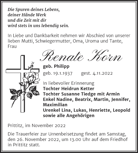 Traueranzeige von Renate Korn von Trauerkombi Weißenfels