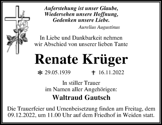 Traueranzeige von Renate Krüger von Trauerkombi Dessau
