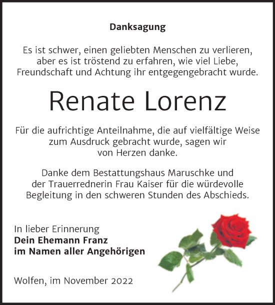 Traueranzeige von Renate Lorenz von Trauerkombi Bitterfeld