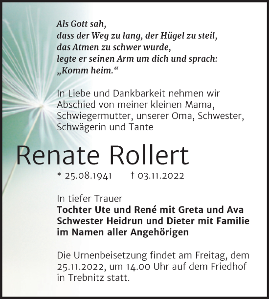 Traueranzeige von Renate Rollert von Trauerkombi Bernburg