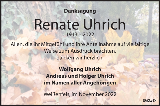 Traueranzeige von Renate Uhrich von Trauerkombi Weißenfels