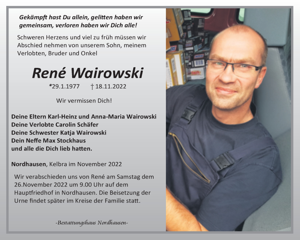  Traueranzeige für Rene Wairowski vom 22.11.2022 aus Mitteldeutsche Zeitung Sangerhausen