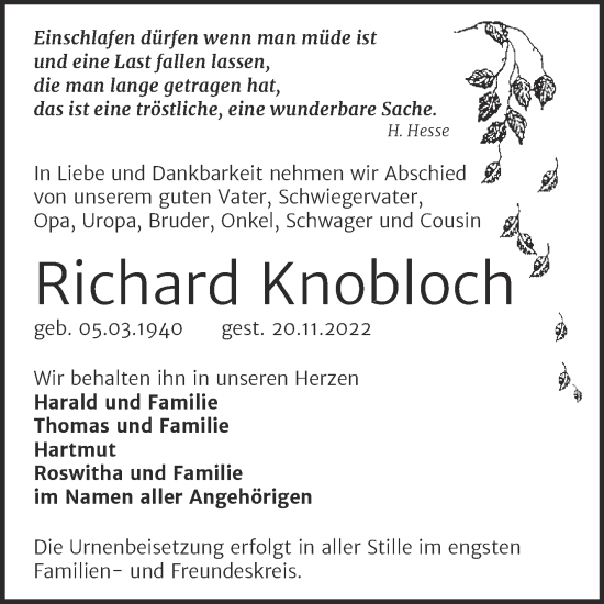 Traueranzeige von Richard Knobloch von Naumburger Tageblatt