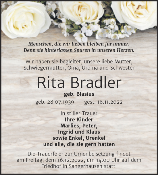 Traueranzeige von Rita Bradler von Trauerkombi Sangerhausen