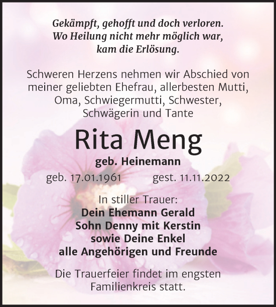 Traueranzeige von Rita Meng von Trauerkombi Wittenberg
