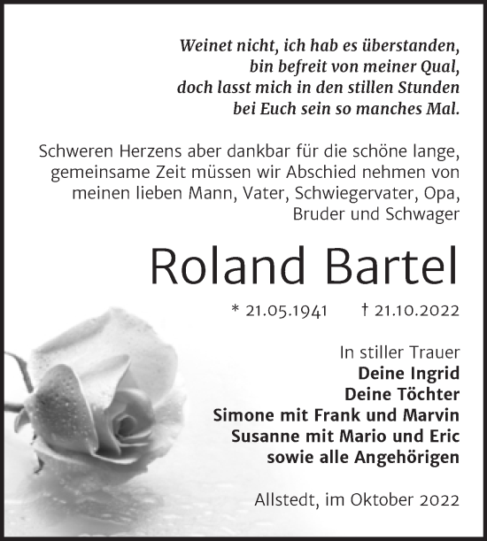 Traueranzeige von Roland Bartel von Trauerkombi Sangerhausen