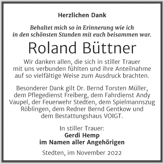 Traueranzeige von Roland Büttner von Trauerkombi Mansfelder Land