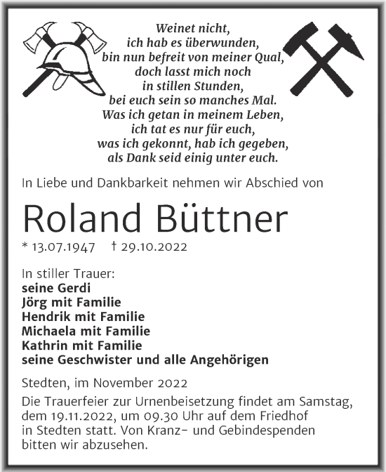 Traueranzeige von Roland Büttner von Trauerkombi Mansfelder Land