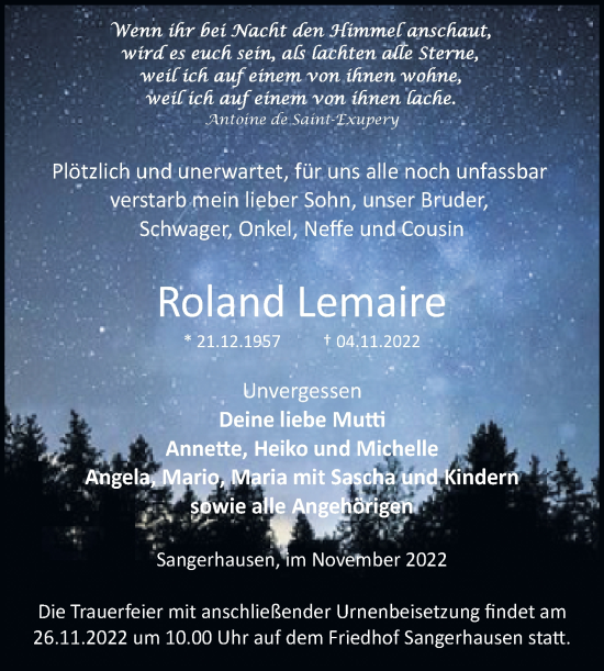 Traueranzeige von Roland Lemaire von Trauerkombi Sangerhausen
