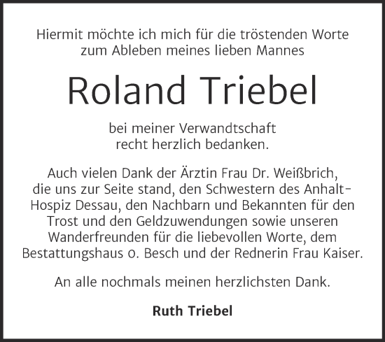 Traueranzeige von Roland Triebel von Trauerkombi Dessau