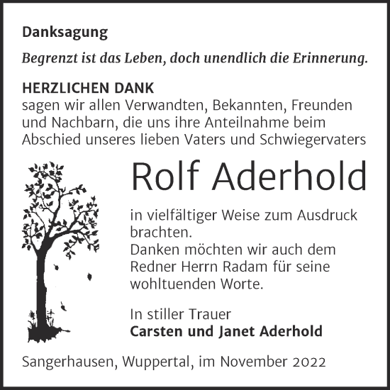 Traueranzeige von Rolf Aderhold von Trauerkombi Sangerhausen