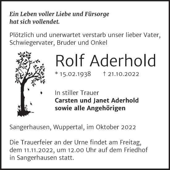Traueranzeige von Rolf Aderhold von Trauerkombi Sangerhausen