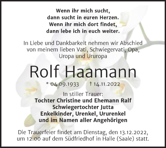 Traueranzeige von Rolf Haamann von Mitteldeutsche Zeitung Halle/Saalkreis