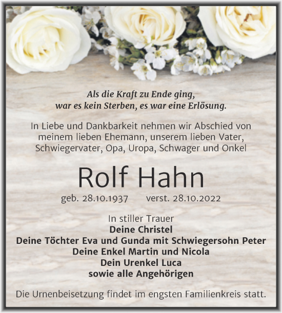 Traueranzeige von Rolf Hahn von Trauerkombi Köthen
