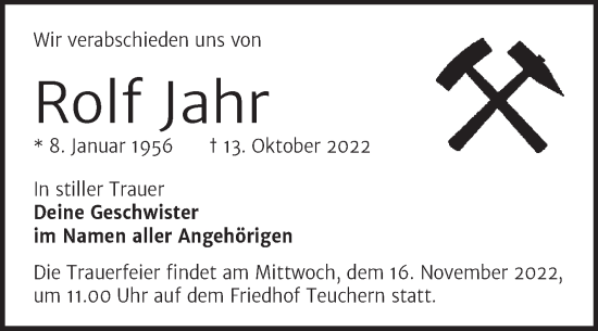 Traueranzeige von Rolf Jahr von Trauerkombi Weißenfels