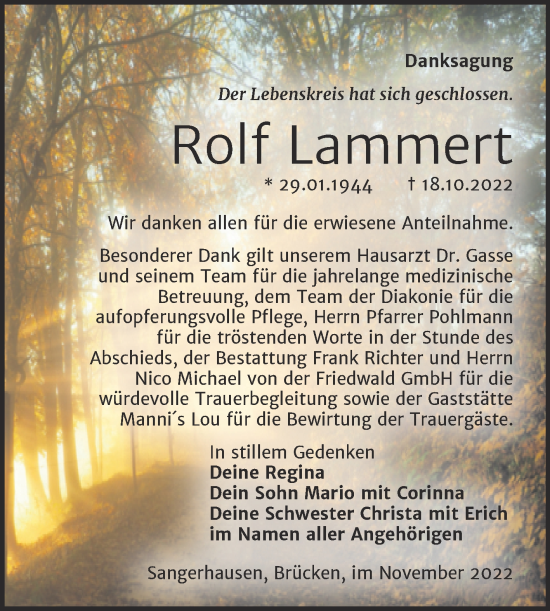 Traueranzeige von Rolf Lammert von Trauerkombi Sangerhausen