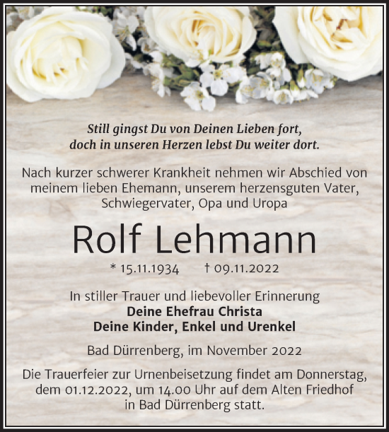 Traueranzeige von Rolf Lehmann von Trauerkombi Merseburg