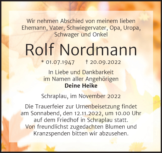Traueranzeige von Rolf Nordmann von Trauerkombi Merseburg
