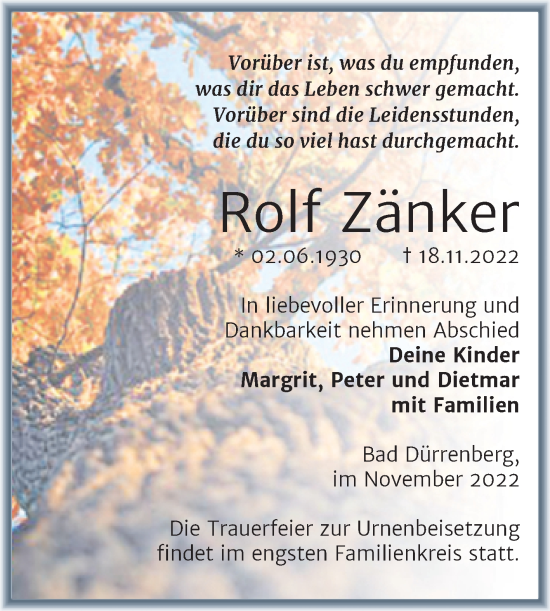 Traueranzeige von Rolf Zänker von Trauerkombi Merseburg