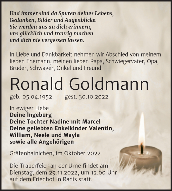 Traueranzeige von Ronald Goldmann von Trauerkombi Wittenberg