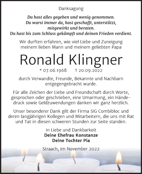 Traueranzeige von Ronald Klingner von Trauerkombi Wittenberg