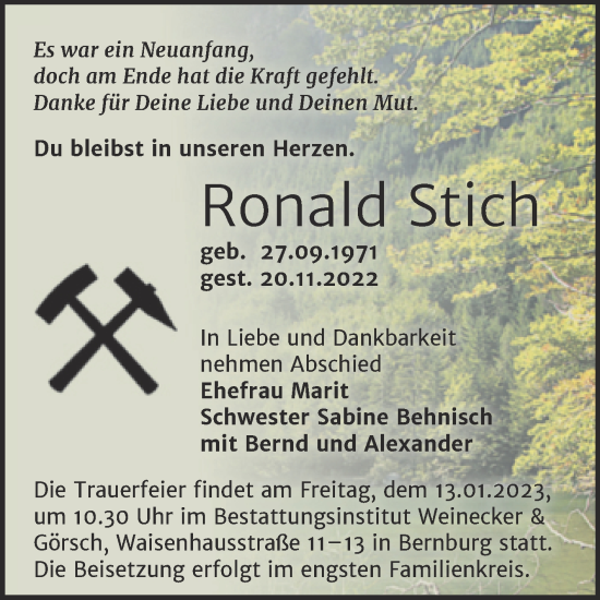 Traueranzeige von Ronald Stich von Trauerkombi Bernburg