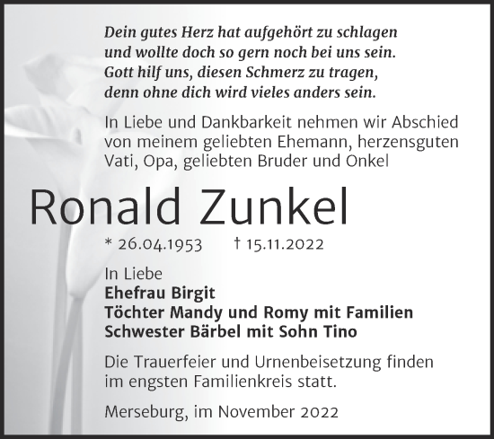Traueranzeige von Ronald Zunkel von Trauerkombi Merseburg