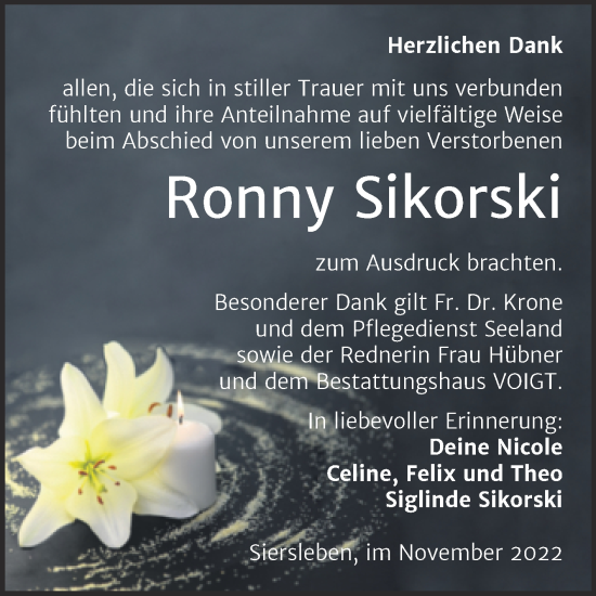 Traueranzeige von Ronny Sikorski von Trauerkombi Mansfelder Land