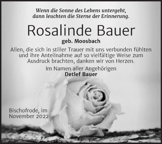 Traueranzeige von Rosalinde Bauer von Trauerkombi Mansfelder Land