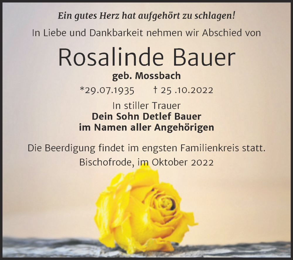  Traueranzeige für Rosalinde Bauer vom 04.11.2022 aus Trauerkombi Mansfelder Land