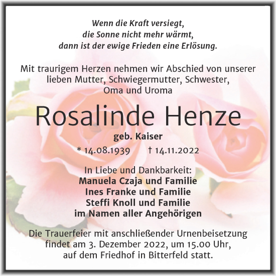 Traueranzeige von Rosalinde Henze von Trauerkombi Bitterfeld