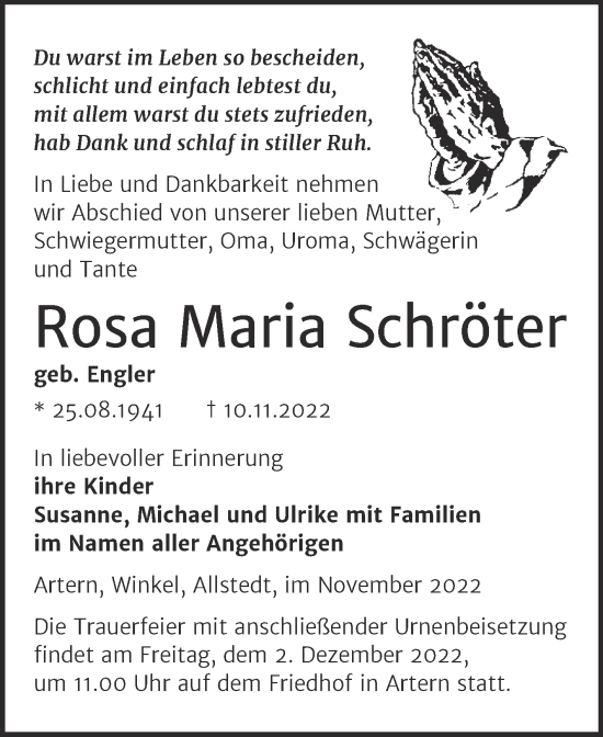 Traueranzeige von Rosa Maria Schröter von Super Sonntag Sangerhausen