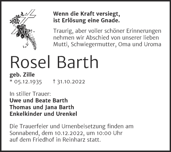 Traueranzeige von Rosel Barth von Trauerkombi Wittenberg