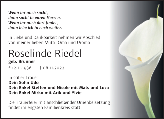 Traueranzeige von Roselinde Riedel von Trauerkombi Wittenberg