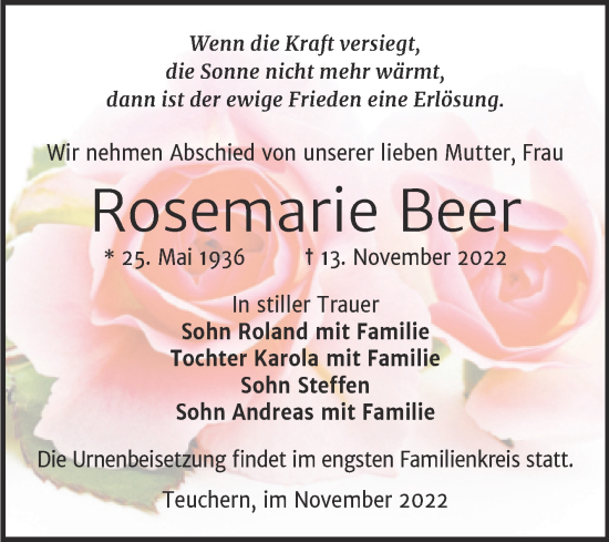 Traueranzeige von Rosemarie Beer von Trauerkombi Weißenfels