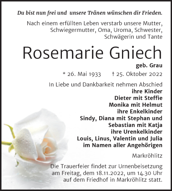 Traueranzeige von Rosemarie Gniech von Trauerkombi Weißenfels