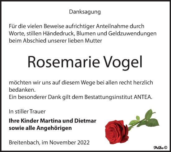 Traueranzeige von Rosemarie Vogel von Trauerkombi Zeitz