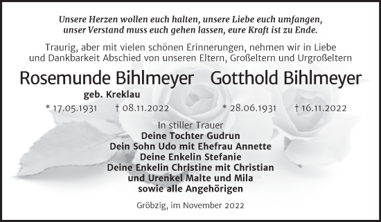 Traueranzeige von Rosemunde und Gotthold Bihlmeyer von Trauerkombi Köthen