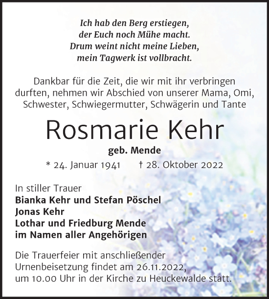Traueranzeige von Rosmarie Kehr von Trauerkombi Zeitz