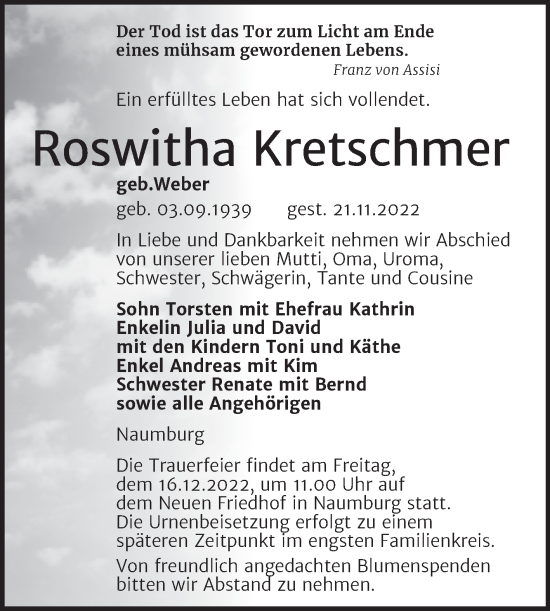 Traueranzeige von Roswitha Kretschmer von Wochenspiegel Naumburg/Nebra