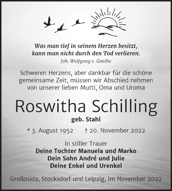 Traueranzeige von Roswitha Schilling von Trauerkombi Zeitz