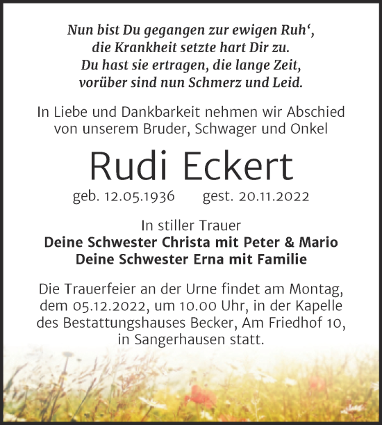 Traueranzeige von Rudi Eckert von Trauerkombi Sangerhausen