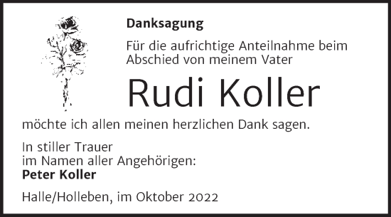 Traueranzeige von Rudi Koller von Mitteldeutsche Zeitung Halle/Saalkreis