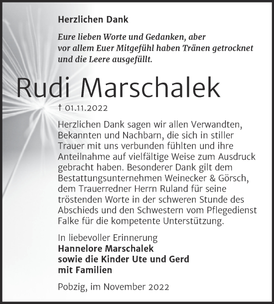 Traueranzeige von Rudi Marschalek von Trauerkombi Bernburg