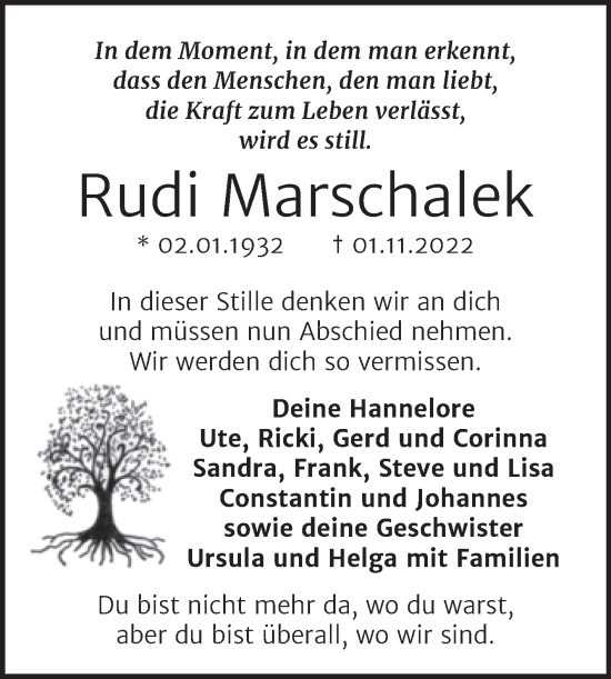 Traueranzeige von Rudi Marschalek von Trauerkombi Bernburg
